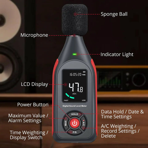 Pro-Grade Digital Sound Level Meter With Data Logger handheld noise meter showing LCD, sponge ball mic, and control buttons