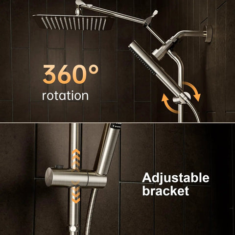 Enhanced High Pressure Handheld Shower Head With Anti Clog Nozzles For A Powerful Spa Like Shower Spray Easy Install And Durable Silver Black Finish With Adjustable Settings And Leak Free Design, showing 360° rotation and adjustable bracket.