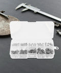 Zinc Alloy Machine Screw And Nut Kit With Washers, 320Pcs Pan Head Bolts Set in open plastic case, tools in background