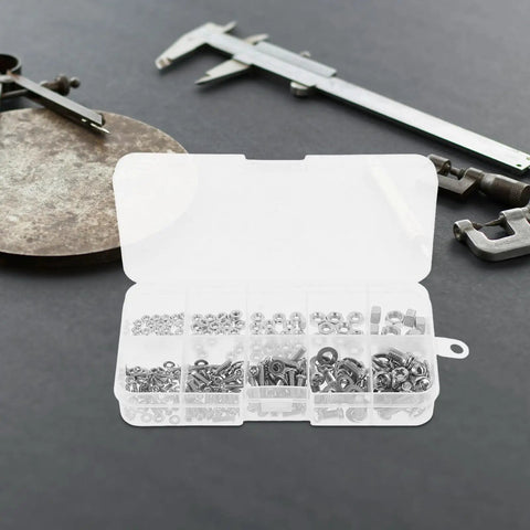 Zinc Alloy Machine Screw And Nut Kit With Washers, 320Pcs Pan Head Bolts Set in open plastic case, tools in background
