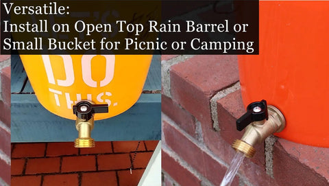 Brass Rain Barrel Spigot With Garden Hose Hookup, Solid Quarter Turn Ball Valve, Lead Free Compliant, Leak Proof, Rust Proof, Freeze Proof, Aluminum Handle, For Open Top Barrels And Rainwater Containers installed on orange rain barrels