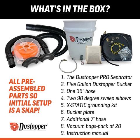 Dustopper Turbo Bagger Upgrade Kit For Fein Turbo I And II Dust Collection System includes bucket, hoses, separators, and accessories.