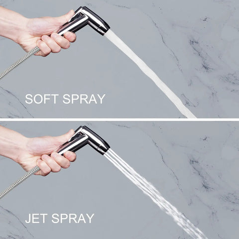 Sink Faucet Hose Sprayer Attachment With 10 Adapters showing soft and jet spray modes against a marble background
