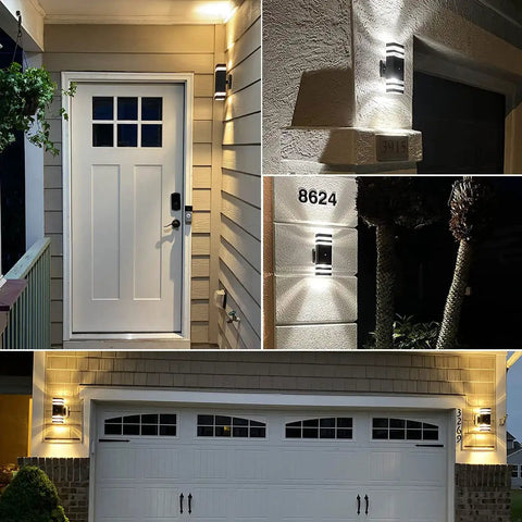 Exterior Dusk to Dawn LED Wall Sconces Two Pack Up and Down Modern Black Outdoor Porch Lights by door and garage