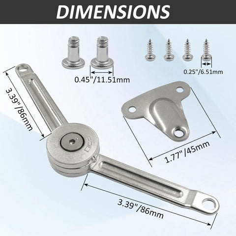 Soft Close Cabinet Hinges 2 Pack Zinc Alloy Lid Support Stays with dimensions and accessories for assembly.