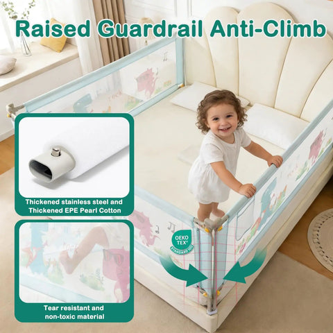 Child next to bed rail for toddlers and kids twin to Cal King mattresses with swing down guard blue dinosaur 3 sides for Cal King
