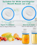 Front view of Mason jar sealer kit for FoodSaver with regular-mouth (2.7 in) and wide-mouth (3.3 in) lids and blue rims.