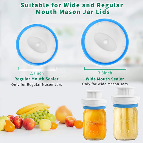 Front view of Mason jar sealer kit for FoodSaver with regular-mouth (2.7 in) and wide-mouth (3.3 in) lids and blue rims.