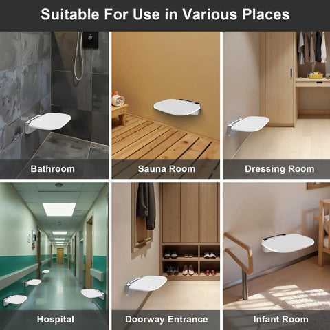 Fold Down Wall Mounted Shower Chair With 400 Lb Capacity Space Saving Foldable Shower Seat Bench in various settings