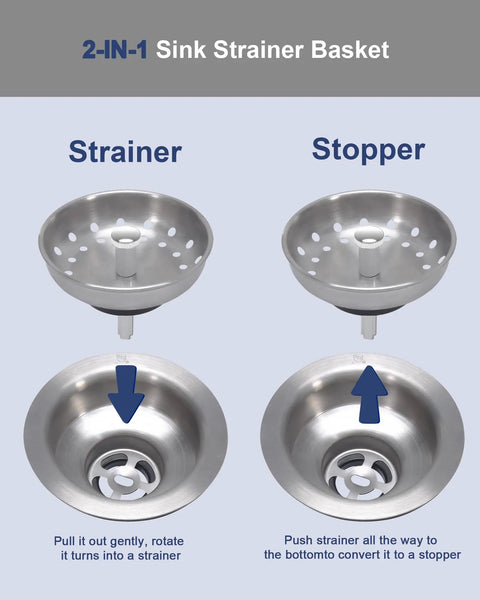2 Pack Kitchen Sink Basket Strainers Replacement For 3-1/2 Inch Standard Drains Brushed Stainless Steel Body With Center Knob And Rubber Stopper Fits Most American Sinks Easy Install