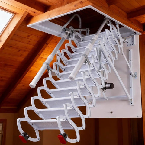 Electric Telescoping Loft Ladder With Smooth As Butter Remote Control Pull Down Attic Stairs, mounted in attic with handrails.
