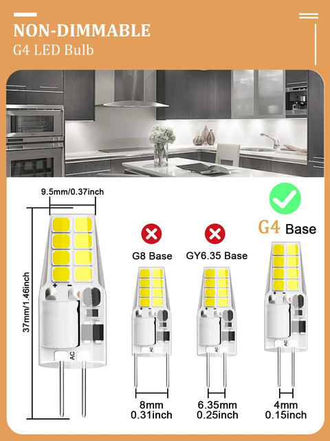 Comparison of different LED bulb bases: G4 LED Bulb 3W JC Bi-Pin, 12V ACDC Daylight White 6000K, suitable for under cabinet lights.