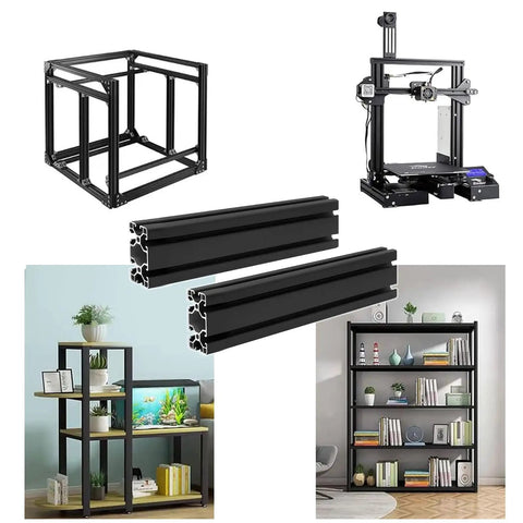 Image of 2 Pack 4080 T Slot Aluminum Extrusion 200mm Black 40x80 Profile Heavy Duty for T Slotted Framing European Standard Anodized Linear Rail for 3D Printer Accessories and Parts with examples of DIY frames and shelving.