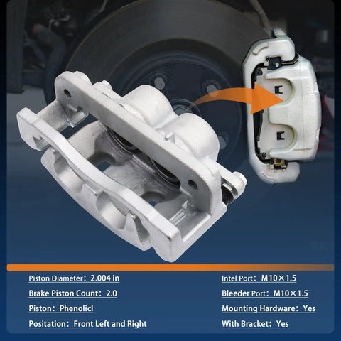 Two Pack Front Disc Brake Caliper Assembly With Bracket For Chevy Avalanche Silverado 1500 showing pistons and specifications