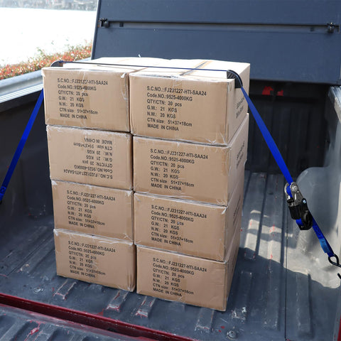 Boxes secured in truck bed using Heavy Duty Ratchet Strap With Safety Lock And Chromoly S Hooks 1500 Lbs Break Strength 1 Inch By 15 Feet Soft Loop Tie Downs For Motorcycle Kayak Pickup Truck Moving Van Trailer 4 Pack