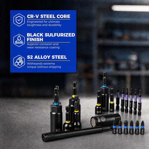 80 Piece Magnetic Impact Nut Driver Set with beefy Cr-V and S2 steel adapters for drills shown on workbench.