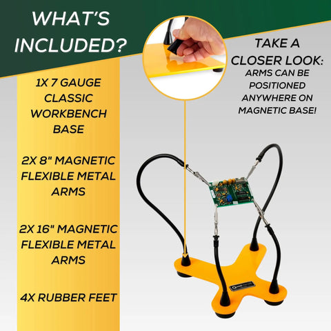 Four Gooseneck Soldering Helper With Sturdy Base And Rotating Stainless Alligator Clamps including flexible metal arms and rubber feet.