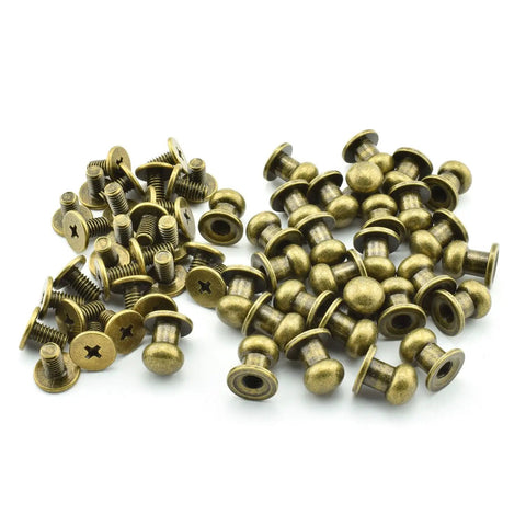 30 Pack Brass Head Chicago Screws With Nickel Plating, showing slotted round head binding posts for tool repair and leathercraft.