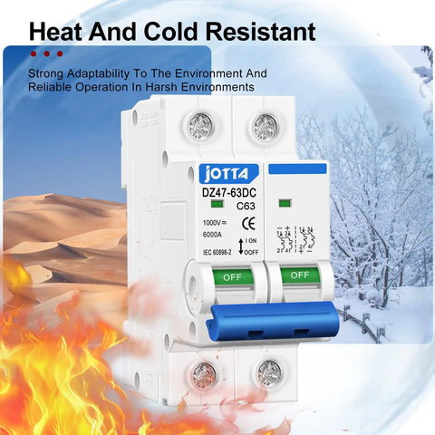 DC Miniature Circuit Breaker Two Pole 1000V For Solar PV System Din Rail Mount 63A Pack Of Two shown with heat and cold elements