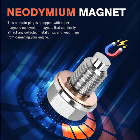 Magnetic Oil Drain Plug Kit With 5 Copper Crush Washers Stainless Steel Construction in futuristic graphic background