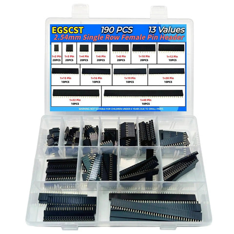 190Pcs 2.54Mm Single Row Straight Female Pin Headers Assortment Kit displayed in open plastic case with various pin options