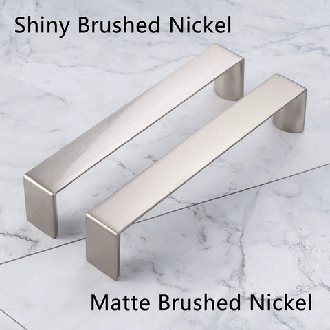 10 Pack 5 Inch Brushed Nickel Cabinet Pulls showing shiny and matte finishes on a marble background