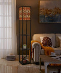 3 In 1 Corner Floor Lamp With Shelves And USB Ports Power Outlet, Navajo Geometric Southwest Print Multicolor Cozy Linen Shade