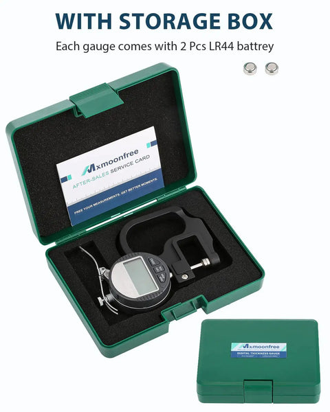 Pro Grade Digital Thickness Gauge 0-12.7mm 0.5 Inch with LCD Display in green storage case with extra battery