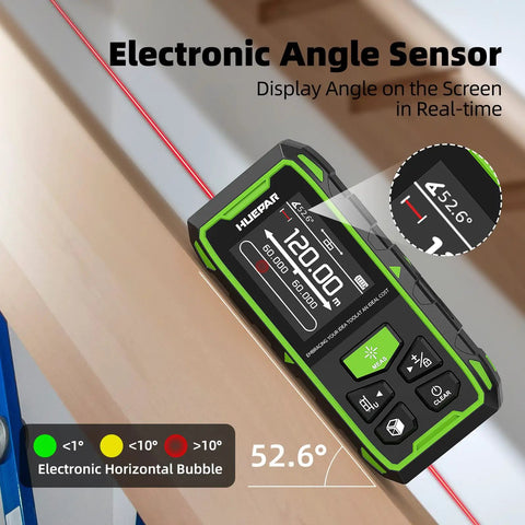 Dual Laser Distance Meter Pro Grade With 656ft Range Rechargeable Angled Sensor Magnetic Back For Easy Bilateral Measurements In Rooms And Jobsites With Long Battery Life And 5 Year Warranty, angled view