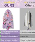 Comparison of purple floral transplanter trowel and generic silver trowel, featuring material and durability differences.