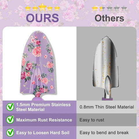 Comparison of purple floral transplanter trowel and generic silver trowel, featuring material and durability differences.