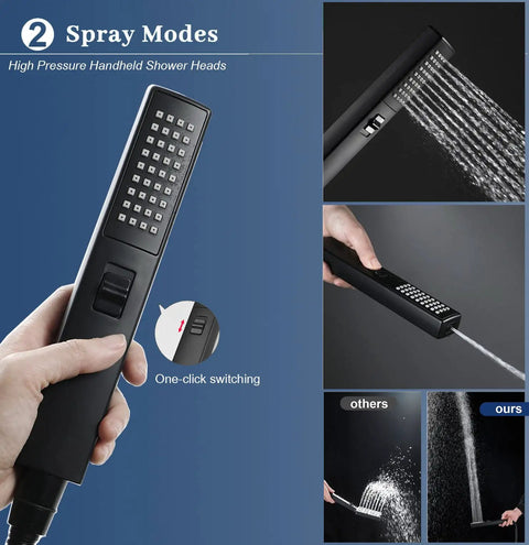 Hand adjusting 8 Inch Matte Black Rain Shower Head With Hose 2 In 1 High Pressure Shower System with spray modes