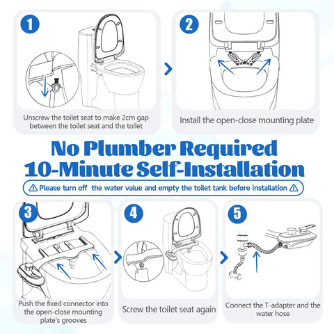Illustrated installation guide for Bidet Toilet Attachment With Self Cleaning, Hot And Cold Water Spray, Non Electric Sprayer