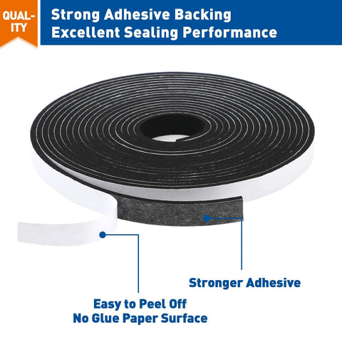 MAGZO weatherstripping door seal foam tape, black, 1/2 in x 1/8 in, 3 rolls, 50 ft total, adhesive backing