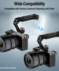 Universal Camera Cage Top Handle With Cold Shoe Mount and Anti Off Safety Pin attached to two cameras demonstrating versatility.