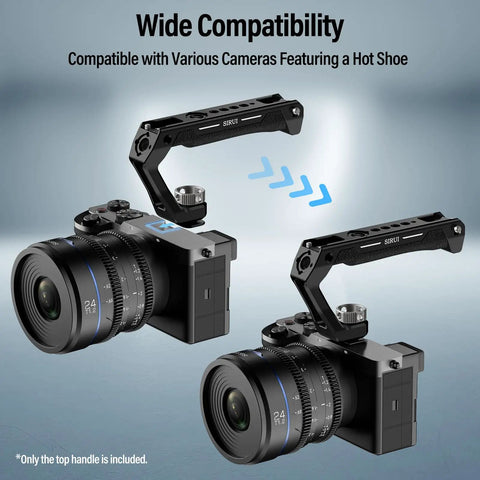 Universal Camera Cage Top Handle With Cold Shoe Mount and Anti Off Safety Pin attached to two cameras demonstrating versatility.