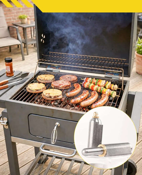 Outdoor BBQ smoker cooking food with inset of Six Piece Weld On Barrel Hinge Set For Carbon Steel Projects Heavy Duty Bullet Hinges.