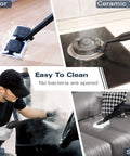 Handheld Steam Cleaner With 21 Quick Swap Nozzles And 248 Degree Vapor To Melt Away Sticky Gunk On Tile Grout Wood Floors And Car Dashboards While Dodging Toxic Sprays And Heavy Scrubbing in use on floor, tile, car upholstery, and sofa.