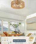 Retro BoHo Flush Mount Ceiling Fan With Open Caged Design And Integrated Warm Led Lighting Reversible Airflow Lowkey Quiet Operation Mini Size Remote Controlled Easy Install Chill Vibes in a bright room.