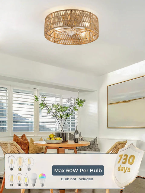 Retro BoHo Flush Mount Ceiling Fan With Open Caged Design And Integrated Warm Led Lighting Reversible Airflow Lowkey Quiet Operation Mini Size Remote Controlled Easy Install Chill Vibes in a bright room.