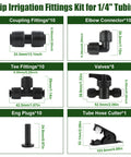 Forty Six Piece One Quarter Inch All In One Drip Irrigation Fitting Kit with tees, elbows, couplings, valves, end plugs, hose cutter