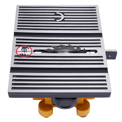 Top view of the Dope 4 Inch Mini Table Saw Portable Miter Bench, 90W Power Cutter with a visible blade and safety symbol.