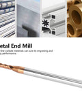 Metal end mill with four flutes showing tungsten carbide material for Three Pack Metal End Mills For CNC Milling With Four Flutes Tungsten Steel Router Bits For High Speed Cutting Beefy Tough Durable Micro Grain Tooling D Two Point Five By Eight By Four D By Fifty Length Four Flute Cutter.