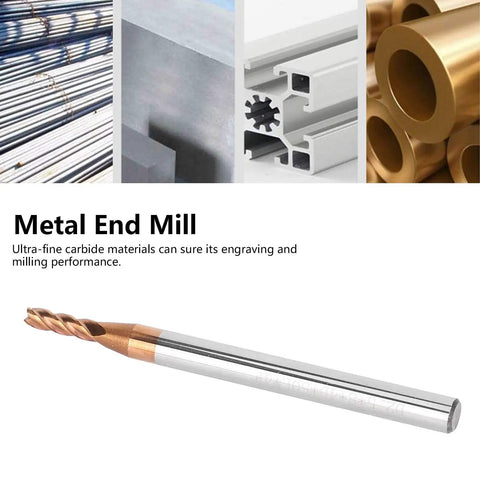 Metal end mill with four flutes showing tungsten carbide material for Three Pack Metal End Mills For CNC Milling With Four Flutes Tungsten Steel Router Bits For High Speed Cutting Beefy Tough Durable Micro Grain Tooling D Two Point Five By Eight By Four D By Fifty Length Four Flute Cutter.
