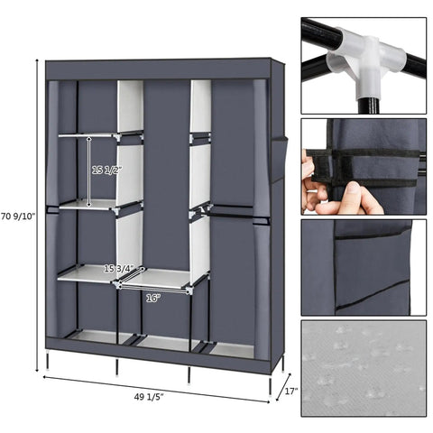 Portable Closet Wardrobe Organizer With Dustproof Cover Freestanding Storage Rack Hella Spacious Clothes Armoire For Dorm Or Apartment Straight Up Easy Pop Up Build Grey dimensions and compartments.