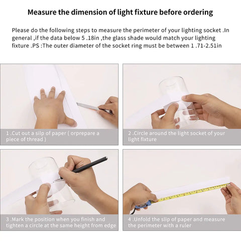 Steps to measure light fixture for Clear Glass Lamp Shade Replacement Globe showing paper slip and ruler measurement method.