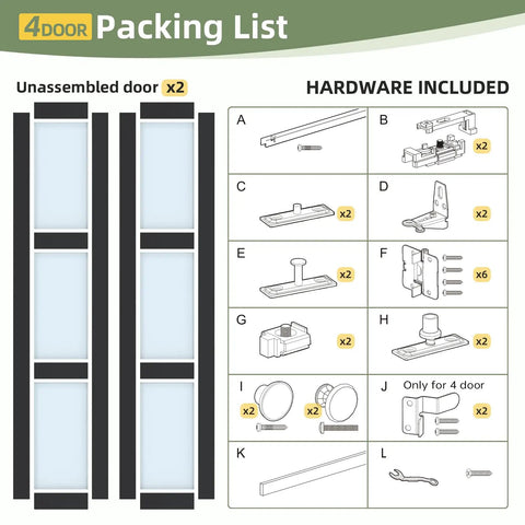 Packing list for Black Bifold Closet Doors For A 72 By 80 Inch Opening including unassembled doors and hardware components.