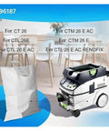 Five Pack Dust Filter Bags Compatible With CT26 CT26E CT36 CT36E Vacuum Cleaners Replaces 496186 496187 577084 shown next to vacuum