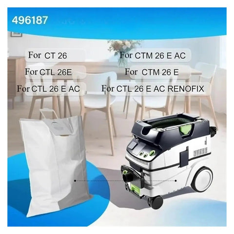 Five Pack Dust Filter Bags Compatible With CT26 CT26E CT36 CT36E Vacuum Cleaners Replaces 496186 496187 577084 shown next to vacuum