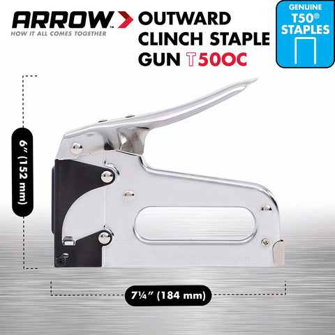 Outward Clinch Heavy Duty Staple Gun for Packaging and Boxes showing side view and dimensions